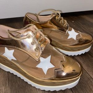 Stella McCartney Styled Star Cutout Platform Oxford Sneakers in Bronze/Gold, 7.5